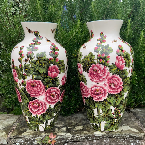 Hollyhocks and Bees Baluster Vase Pair GBC