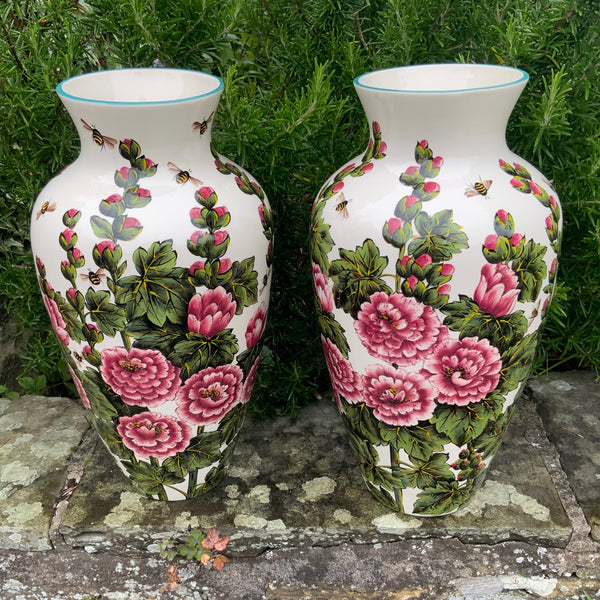 Hollyhocks and Bees Baluster Vase Pair GBC