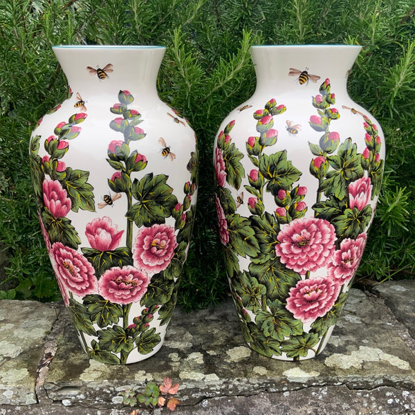 Hollyhocks and Bees Baluster Vase Pair GBC