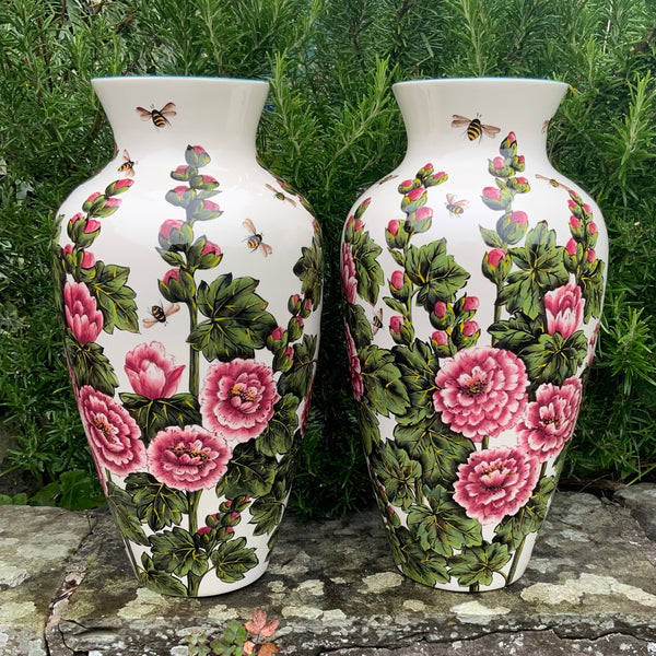 Hollyhocks and Bees Baluster Vase Pair GBC